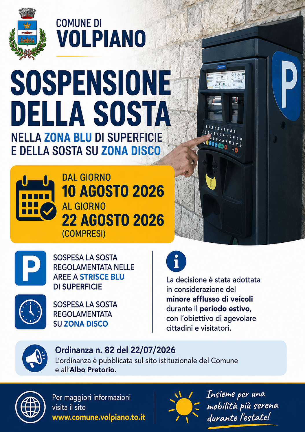 Sospensione pagamento della sosta nella zona blu di superfice e della sosta su zona disco dal 10 al 22 agosto 2026
